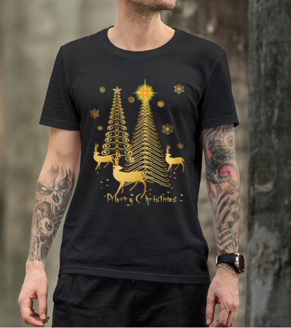 Merry Christmas Gold Trees And Reindeer Snowflakes T-Shirt