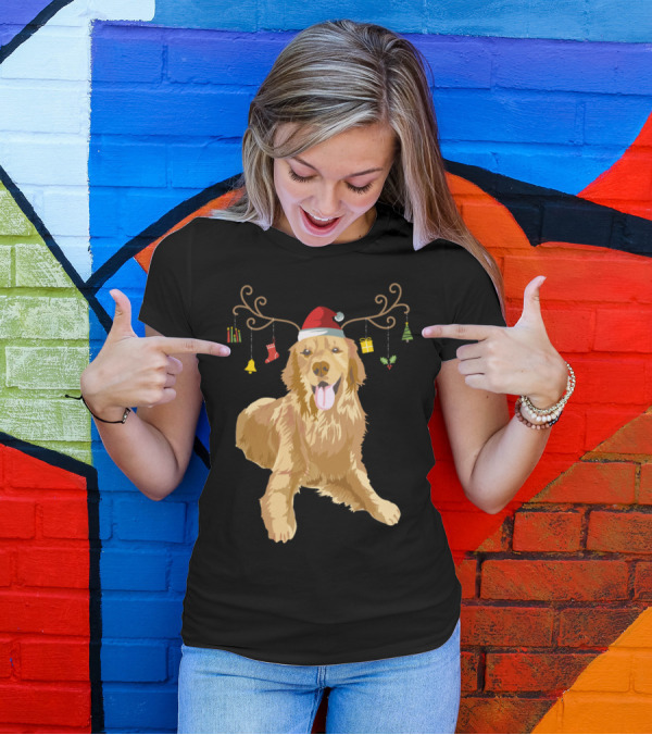 Golden Retriever Antler Reindeer Santa Hat Christmas Dog T-Shirt
