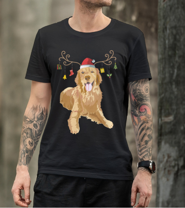 Golden Retriever Antler Reindeer Santa Hat Christmas Dog T-Shirt