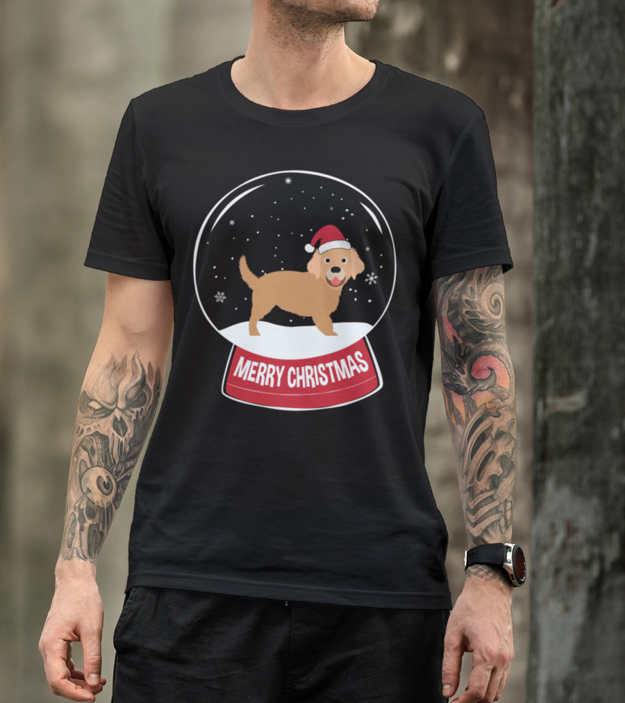 Golden Retriever In Santa Hat Merry Christmas Snowball Scene T-Shirt