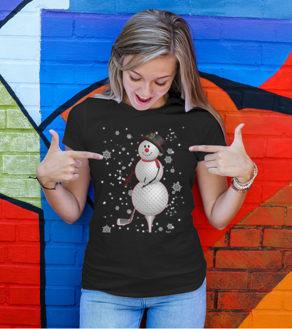 Golf Ball Snowman With Hat And Scarf In Snowflakes T-Shirt