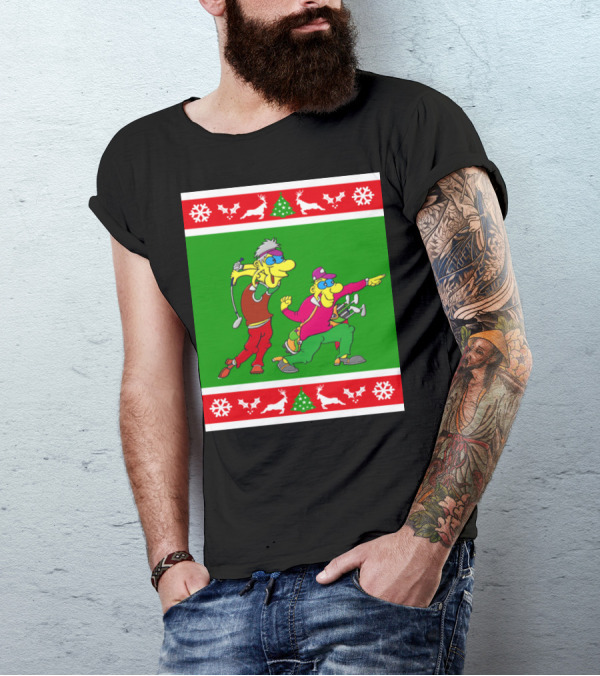 Golfer Present Ugly Christmas Golf Cartoons Snowflakes Reindeer Trees T-Shirt