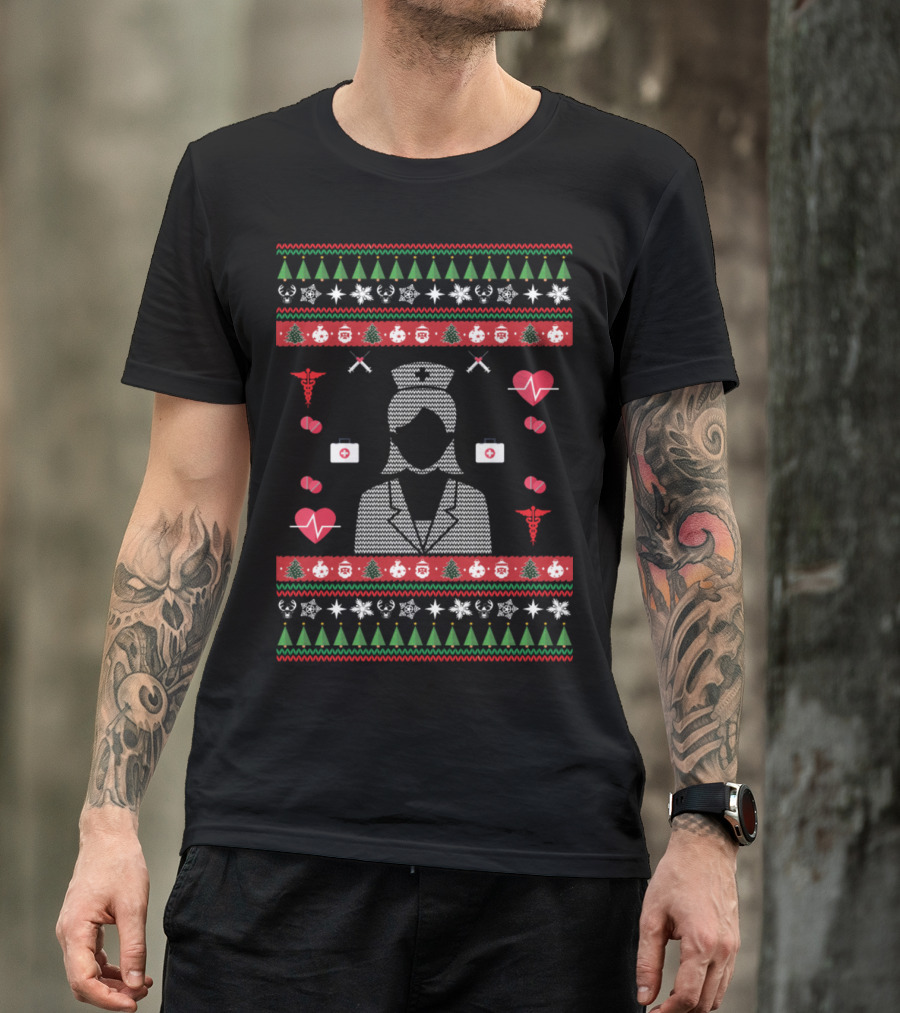 Christmas Nurse Ugly Sweater With Heart And Medical Symbols T-Shirt