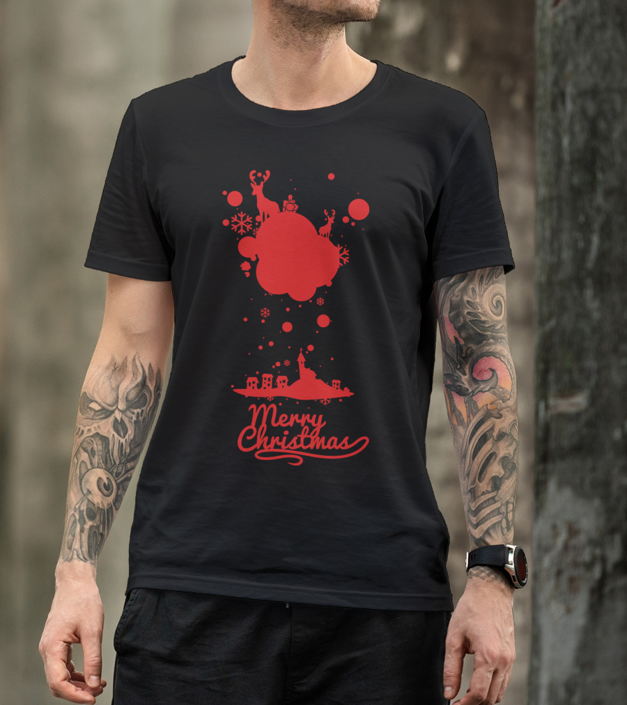 Merry Christmas Red Santa Sleigh With Reindeer And Snowflakes T-Shirt
