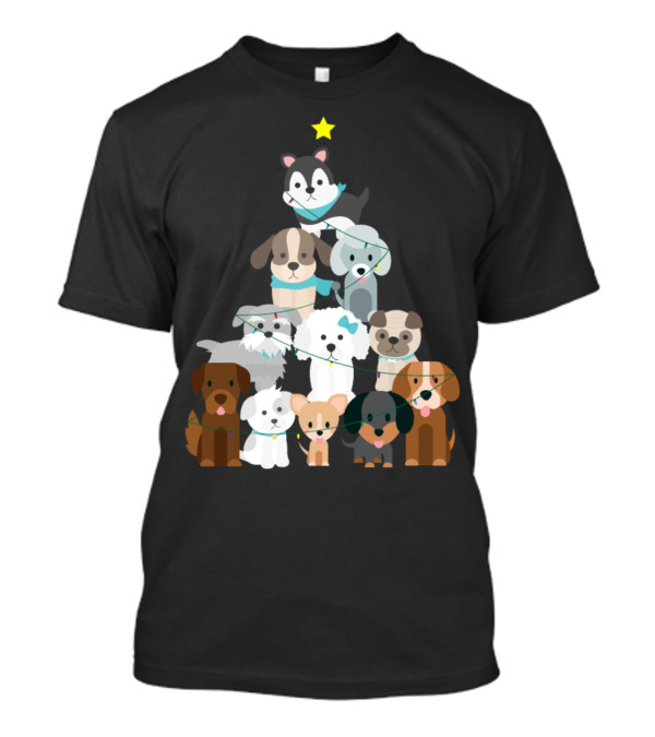 Christmas Tree Of Cute Dogs With Star And Lights T-Shirt