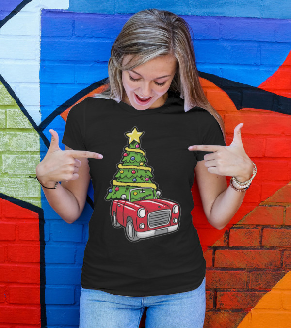 Christmas Tree On Red Car With Star And Ornaments T-Shirt