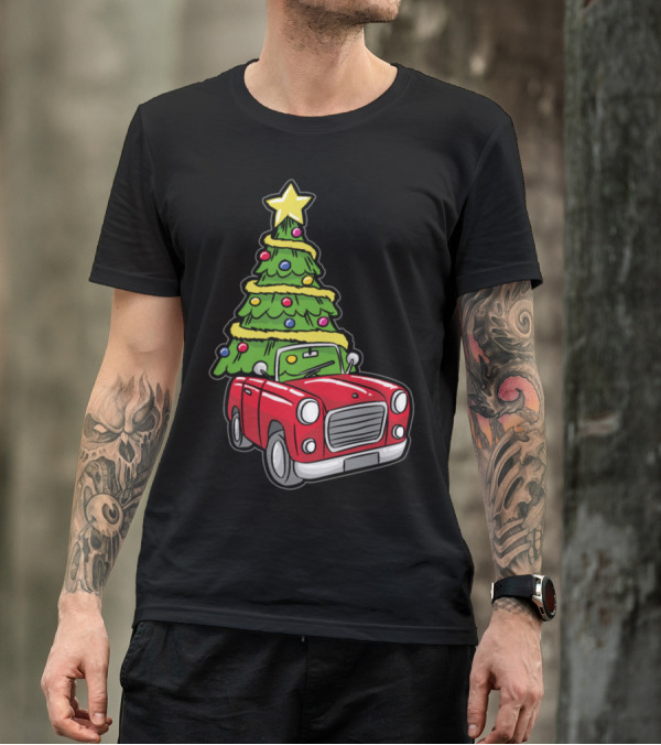 Christmas Tree On Red Car With Star And Ornaments T-Shirt