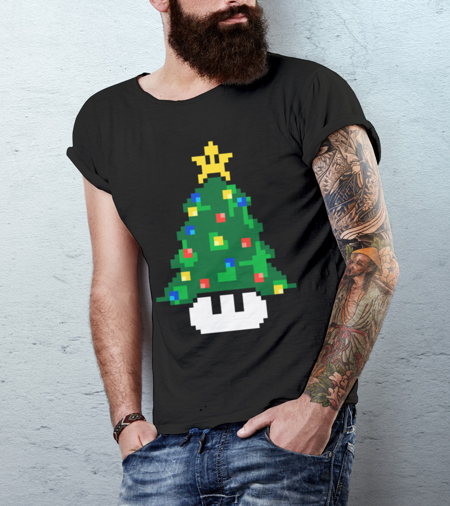 Christmas Tree Toad Pixel Art With Star Topper And Festive Lights T-Shirt