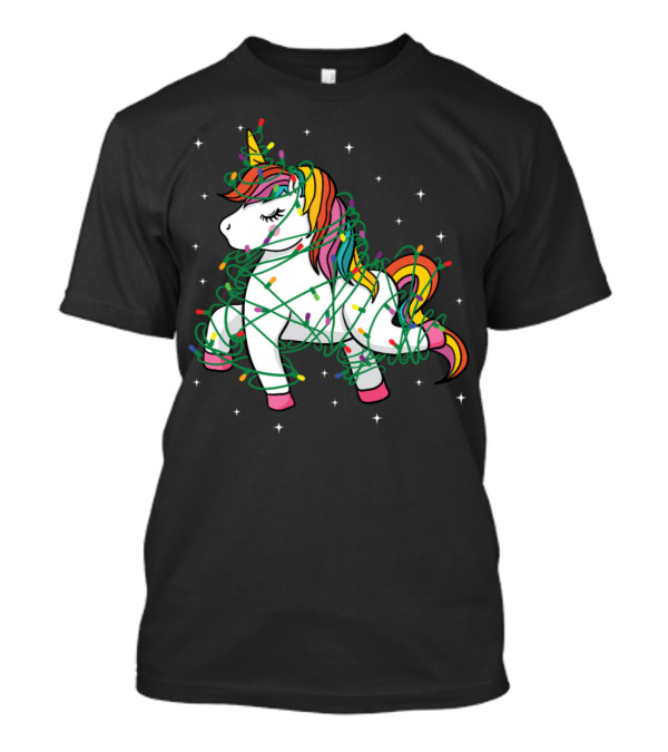 Christmas Tree Unicorn Wrapped In Colorful String Lights T-Shirt