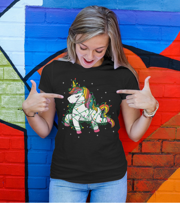 Christmas Tree Unicorn Wrapped In Colorful String Lights T-Shirt