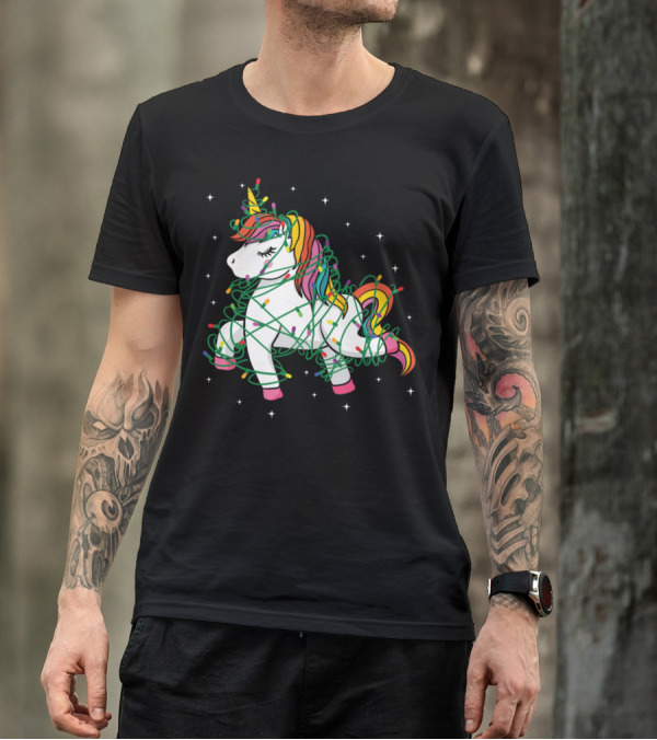 Christmas Tree Unicorn Wrapped In Colorful String Lights T-Shirt