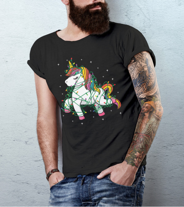 Christmas Tree Unicorn Wrapped In Colorful String Lights T-Shirt