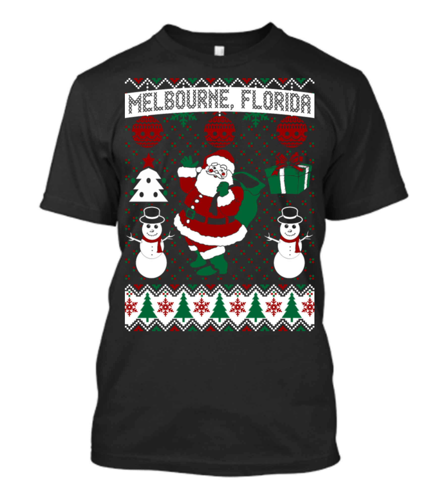 Melbourne Florida Christmas Santa Snowmen Pine Trees Festive Ornaments T-Shirt