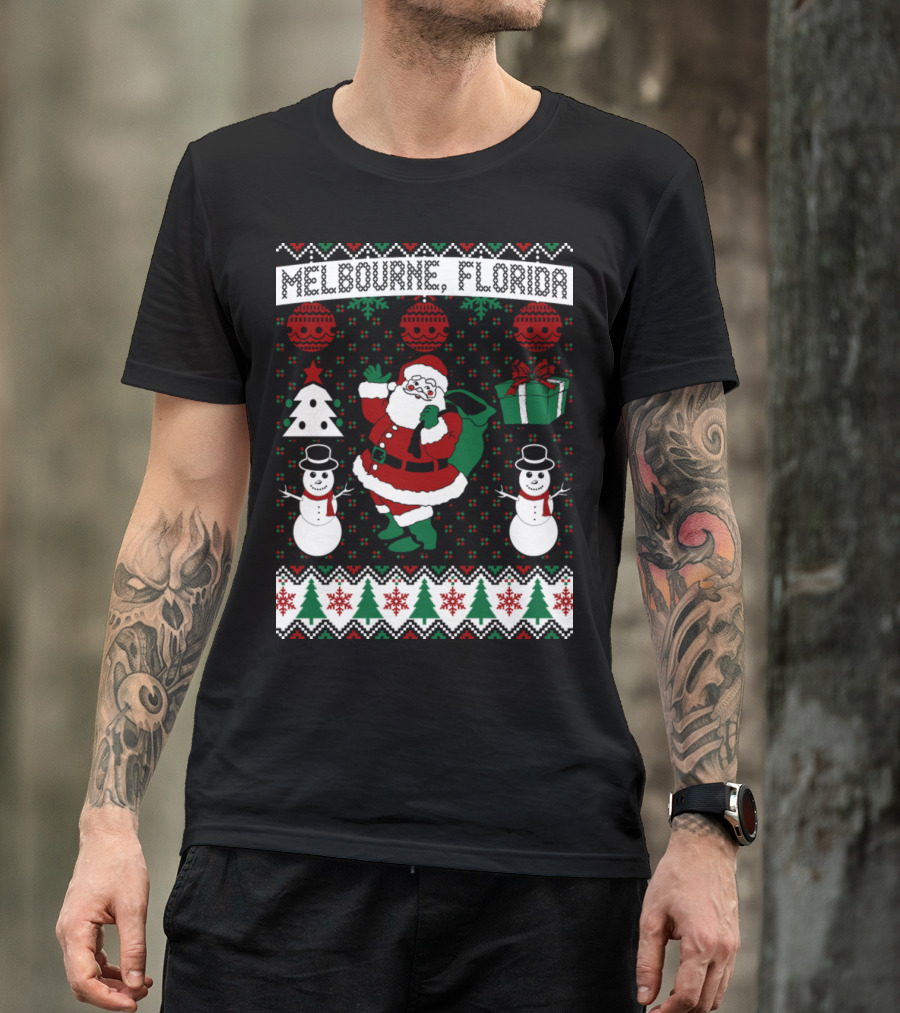 Melbourne Florida Christmas Santa Snowmen Pine Trees Festive Ornaments T-Shirt