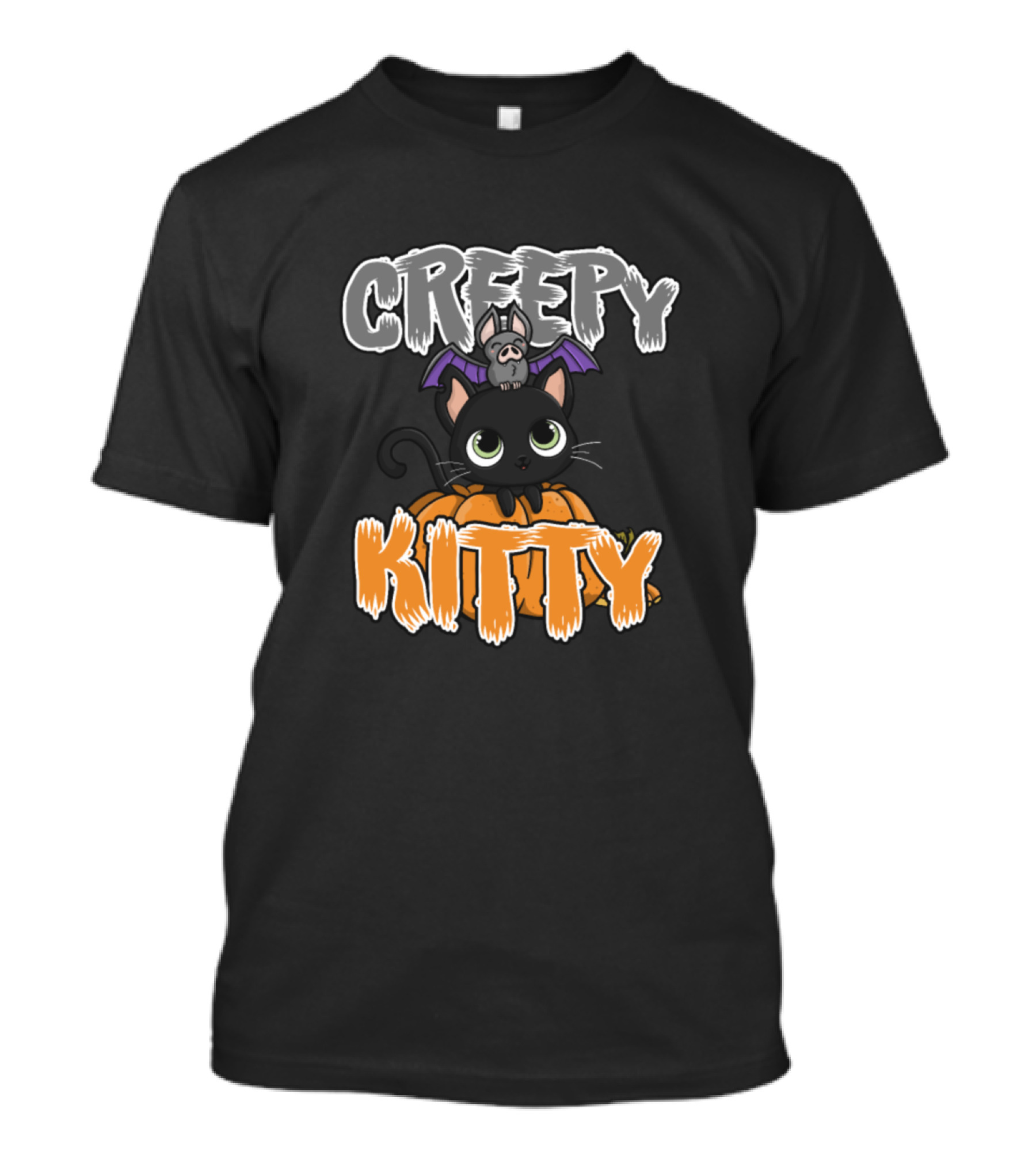 Creepy Kitty Black Cat On Pumpkin With Bat Halloween T-Shirt