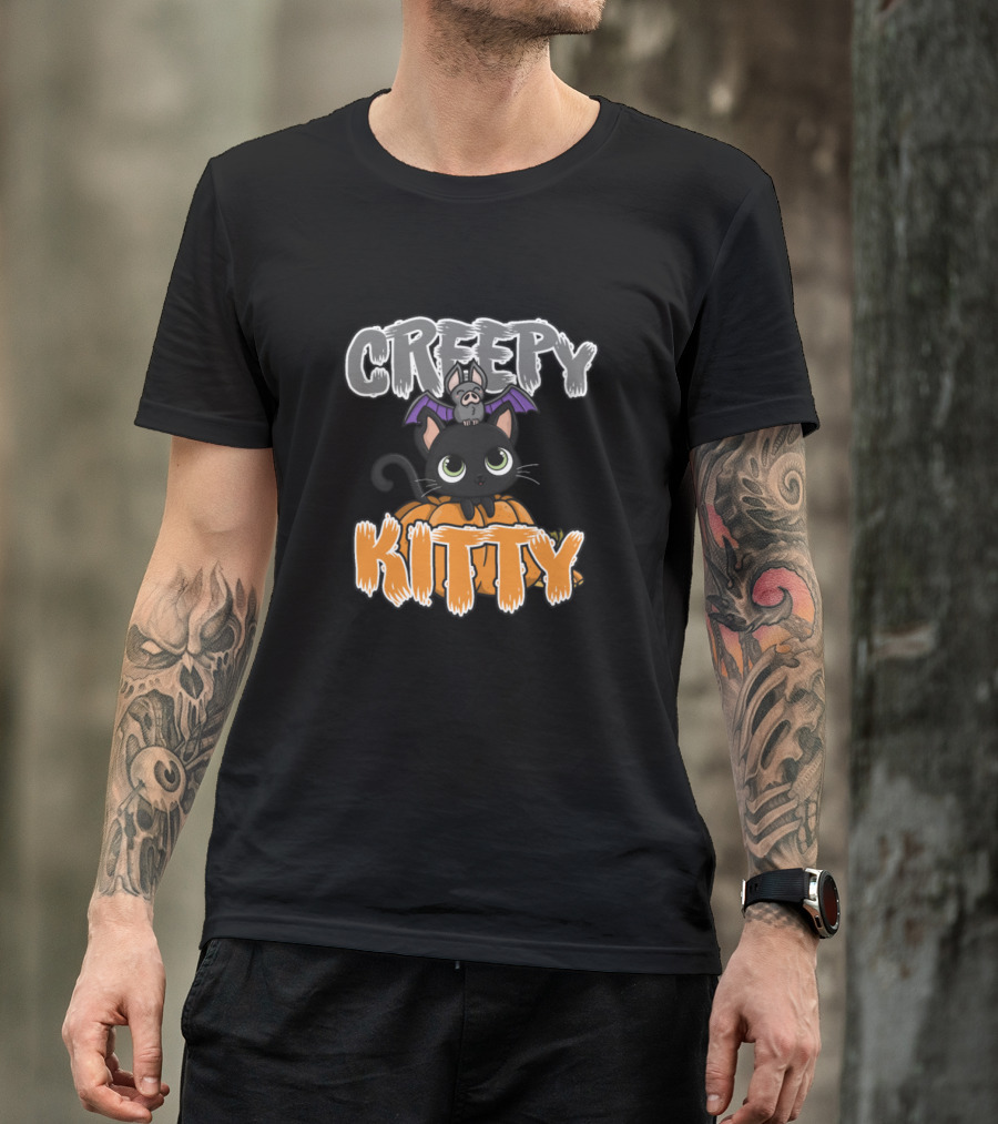 Creepy Kitty Black Cat On Pumpkin With Bat Halloween T-Shirt