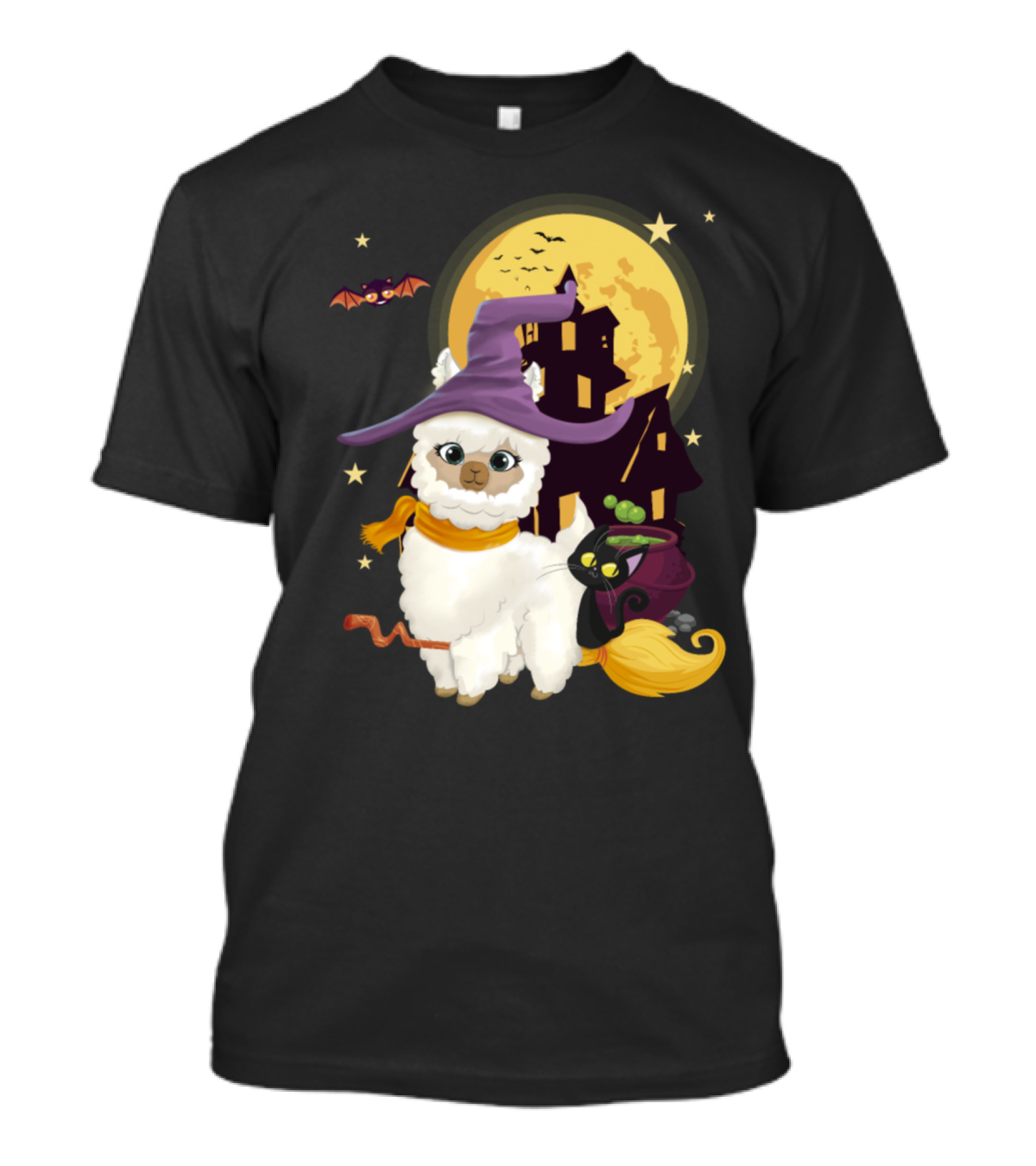 Cute Mama Llama Witch With Broom And Pumpkin By Haunted House And Full Moon T-Shirt