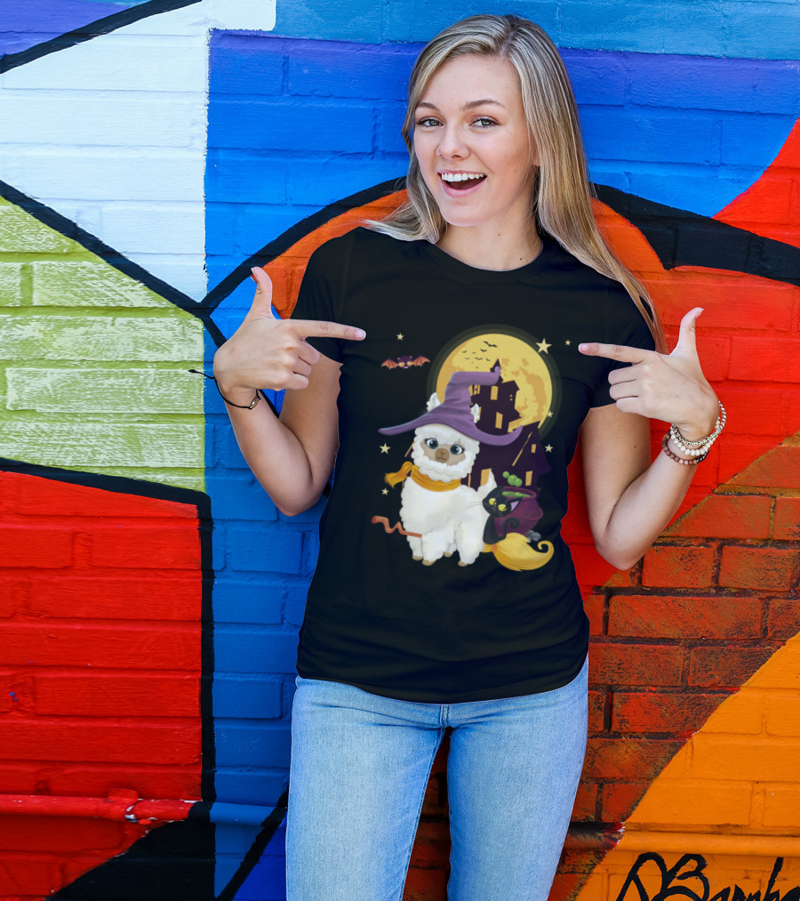 Cute Mama Llama Witch With Broom And Pumpkin By Haunted House And Full Moon T-Shirt