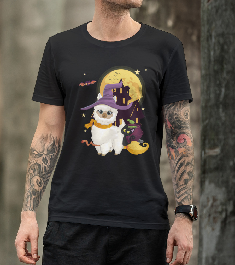 Cute Mama Llama Witch With Broom And Pumpkin By Haunted House And Full Moon T-Shirt