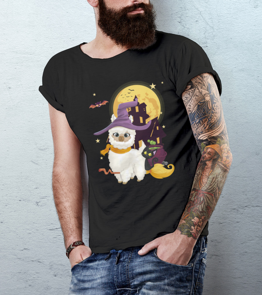 Cute Mama Llama Witch With Broom And Pumpkin By Haunted House And Full Moon T-Shirt