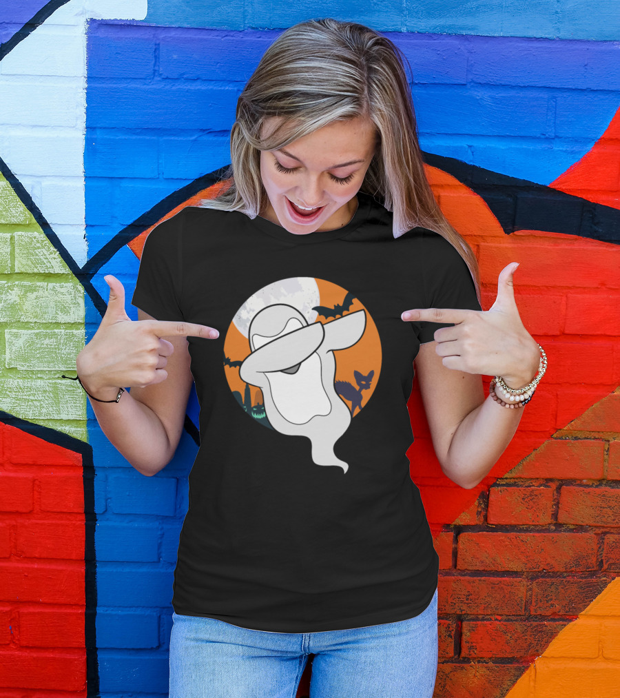 Dabbing Halloween Ghost With Full Moon And Bats T-Shirt