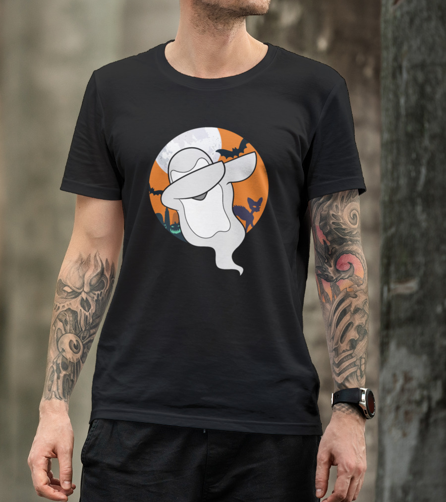 Dabbing Halloween Ghost With Full Moon And Bats T-Shirt