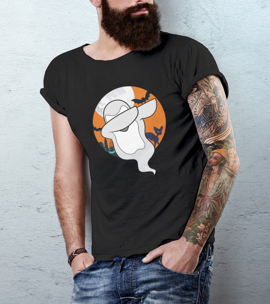 Dabbing Halloween Ghost With Full Moon And Bats T-Shirt