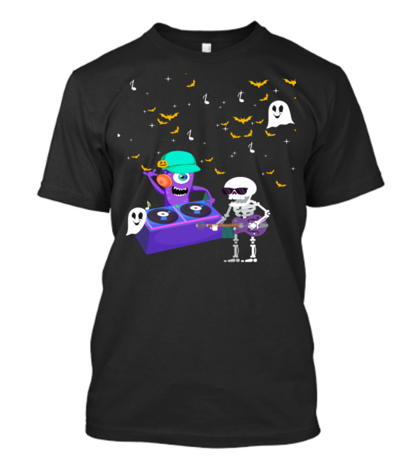 DJ Music Halloween Party Night Monster And Skeleton Jam With Ghosts And Bats T-Shirt