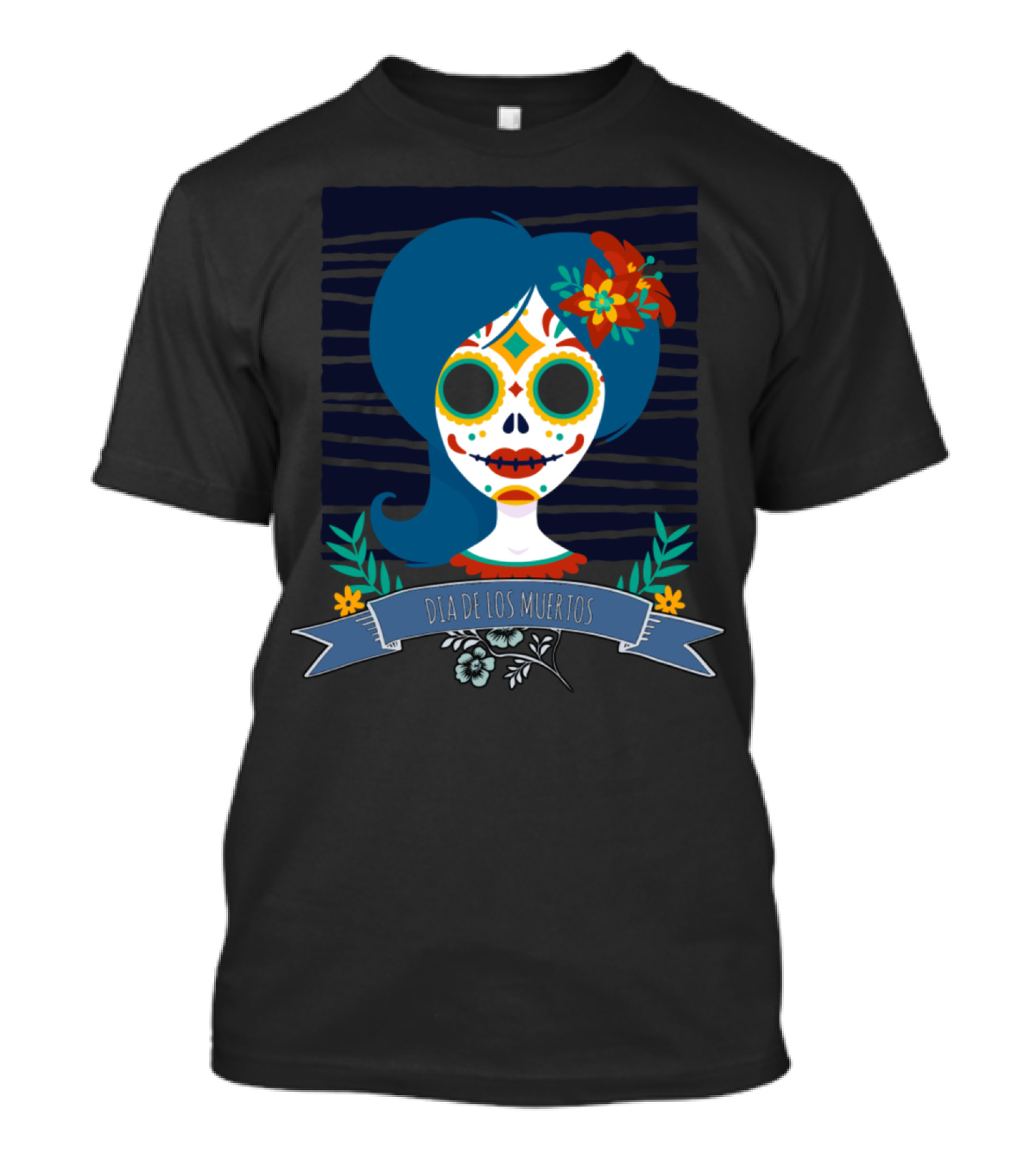 Día De Los Muertos Blue Haired Sugar Skull Girl With Red And Yellow Floral Accents T-Shirt