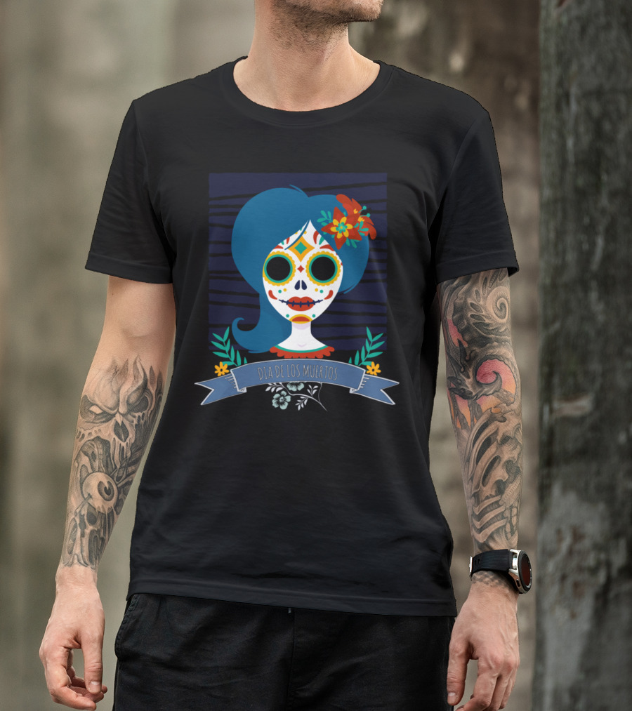 Día De Los Muertos Blue Haired Sugar Skull Girl With Red And Yellow Floral Accents T-Shirt