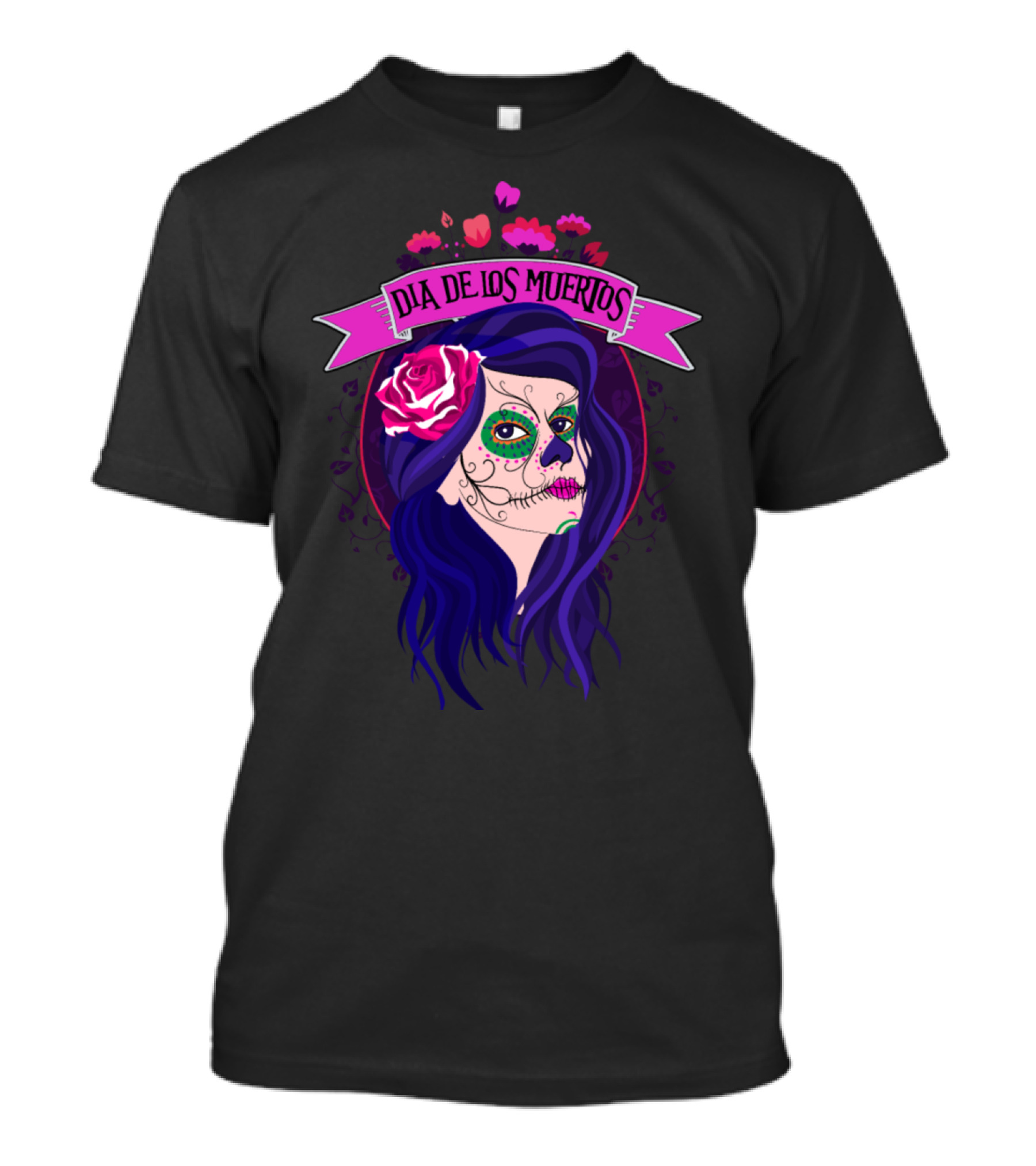 Día De Los Muertos Dead Pretty Girl Skull Face With Rose And Purple Hair T-Shirt