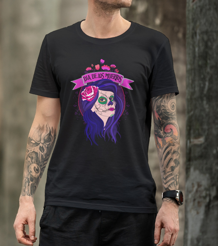 Día De Los Muertos Dead Pretty Girl Skull Face With Rose And Purple Hair T-Shirt