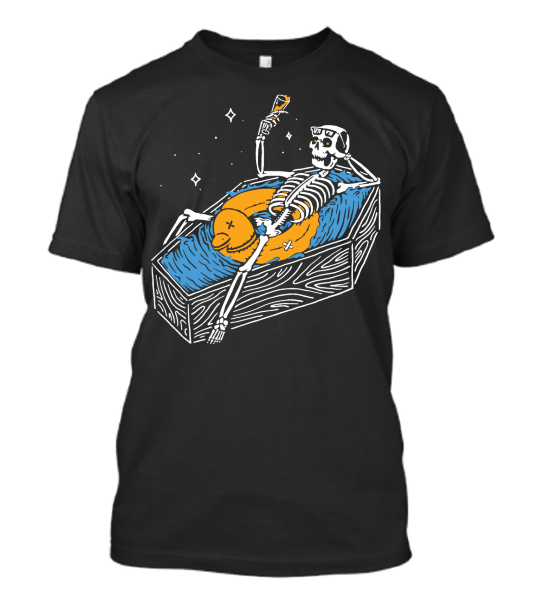 Skeleton Relaxing In Coffin Bathtub With Rubber Duck And Drink T-Shirt