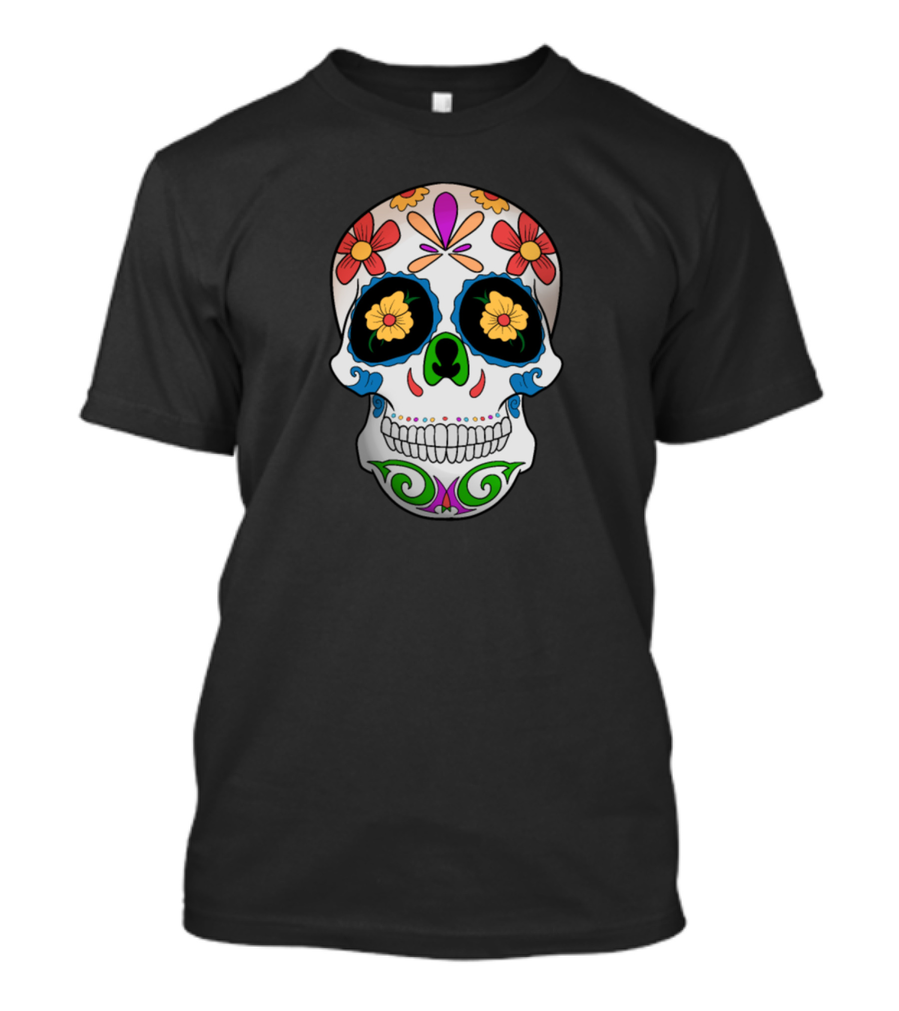 Floral Black Sugar Skull Day Of The Dead Colorful T-Shirt