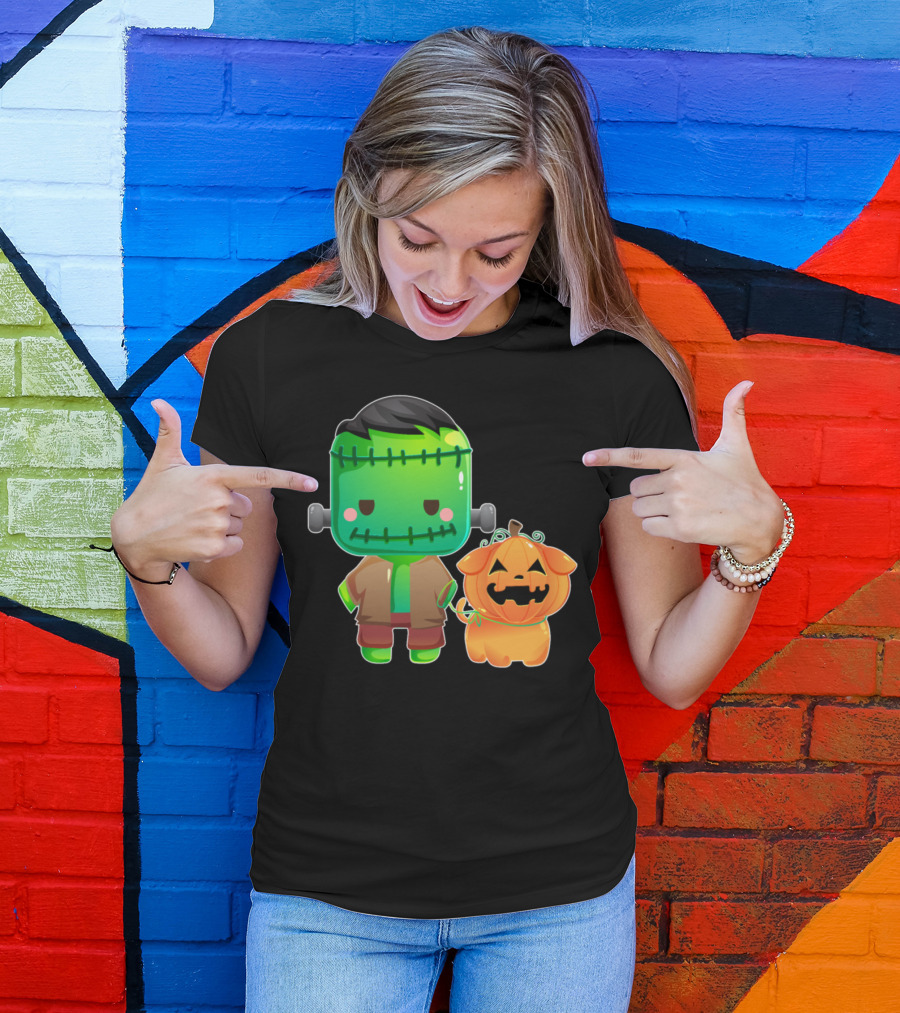 Frankenstein And Halloween Pumpkin Dog Duo T-Shirt