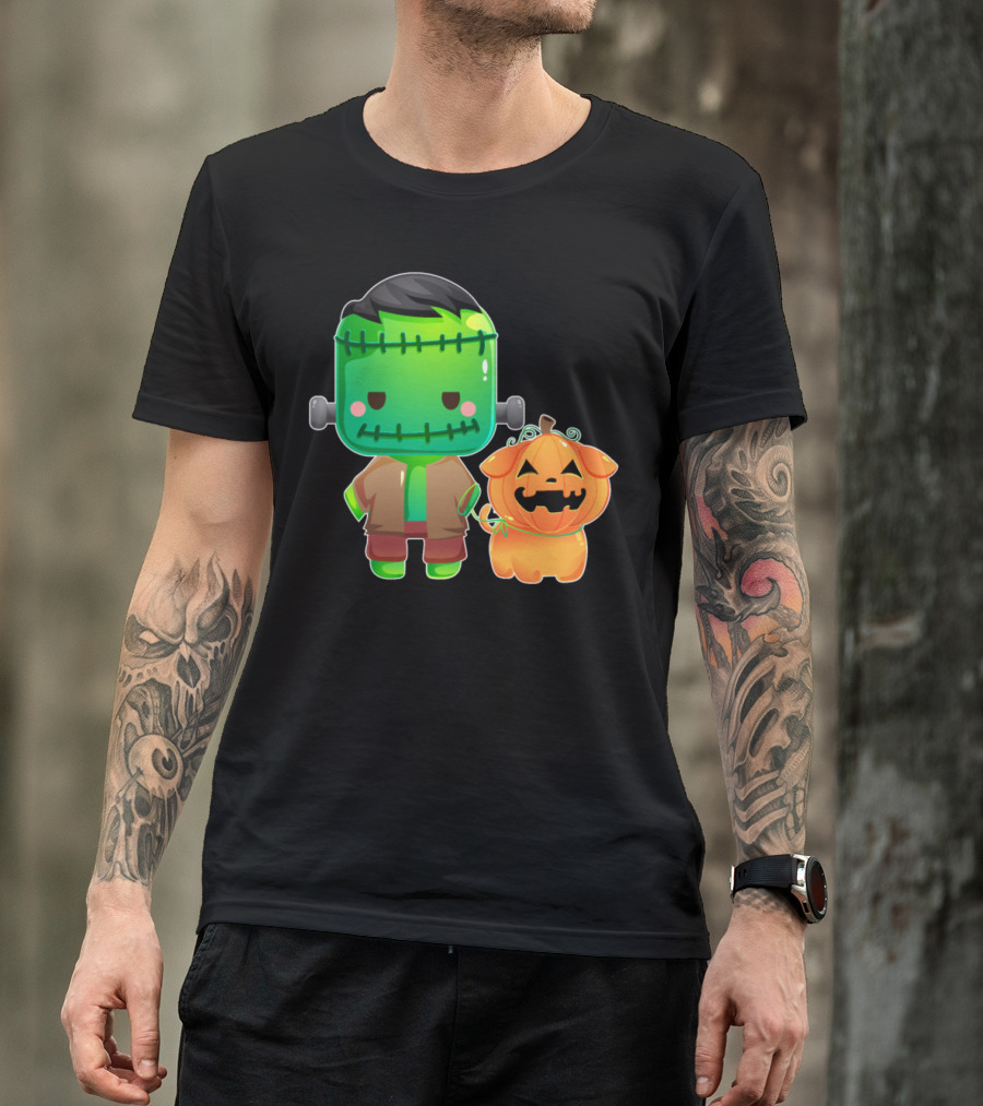 Frankenstein And Halloween Pumpkin Dog Duo T-Shirt