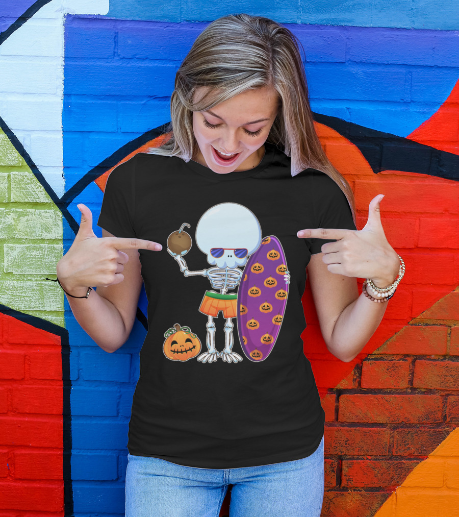 Funny Skeleton Surfing Halloween Pumpkins Hawaii T-Shirt
