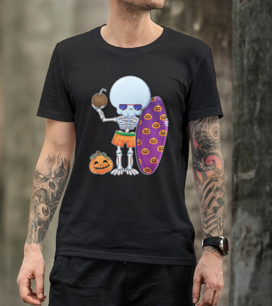 Funny Skeleton Surfing Halloween Pumpkins Hawaii T-Shirt