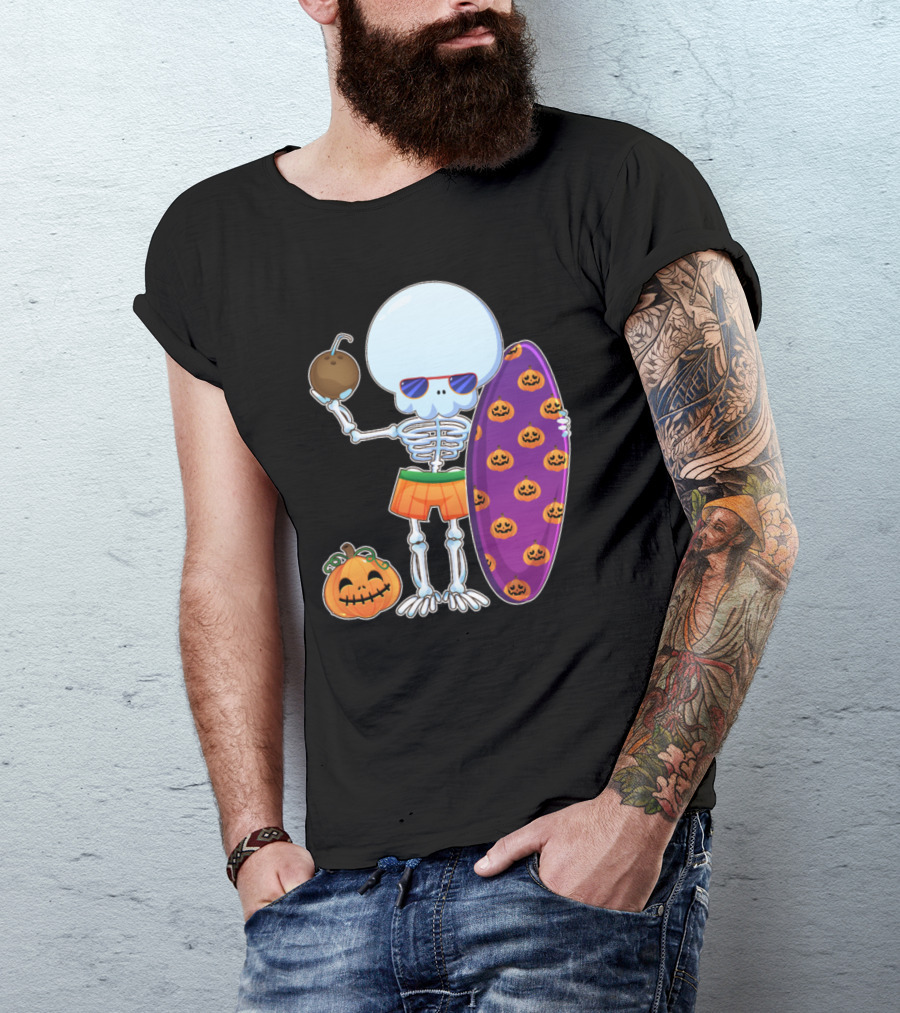 Funny Skeleton Surfing Halloween Pumpkins Hawaii T-Shirt