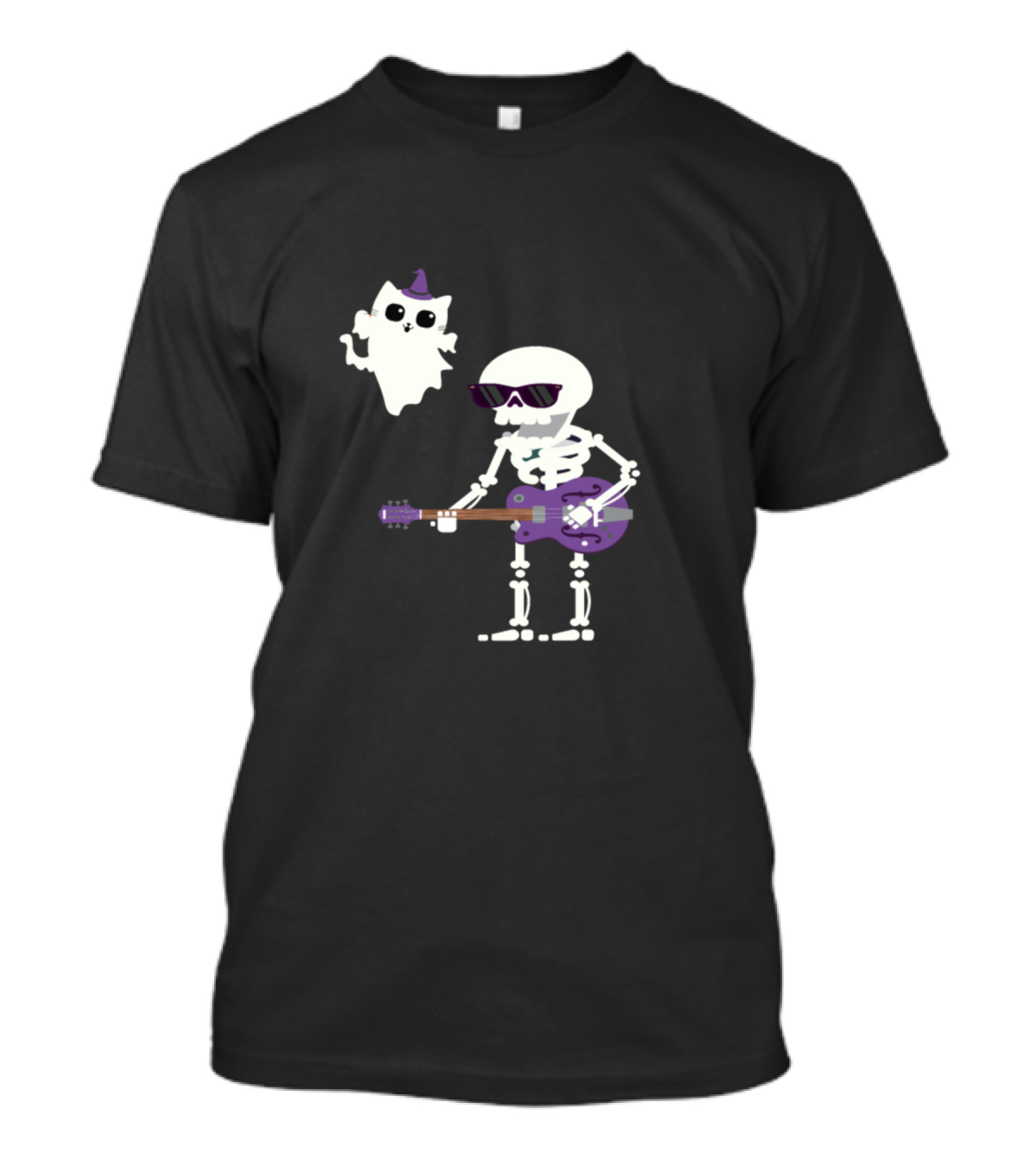 Guitarist Skeleton With Purple Guitar And Cat Ghost With Hat T-Shirt