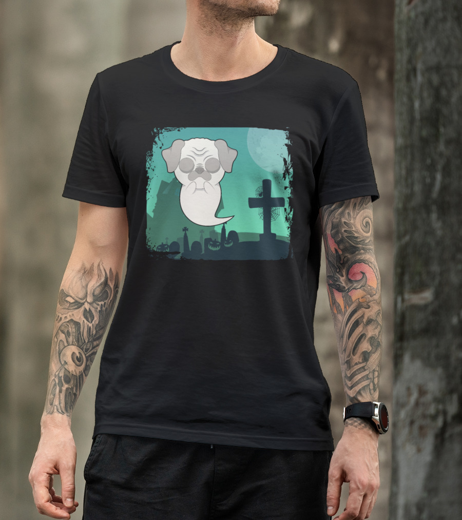 Halloween Animals Cute Ghost Dog Cemetery Scene T-Shirt