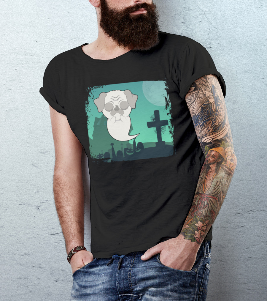 Halloween Animals Cute Ghost Dog Cemetery Scene T-Shirt