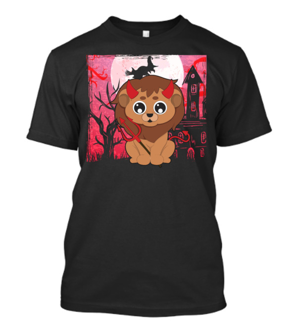 Halloween Cute Devil Lion With Haunted House And Full Moon T-Shirt