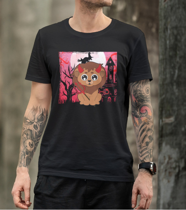 Halloween Cute Devil Lion With Haunted House And Full Moon T-Shirt