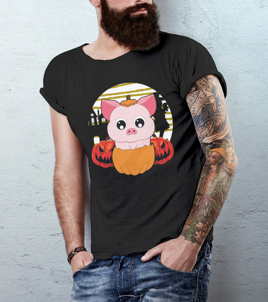 Halloween Pumpkin Pig With Jack-O'-Lanterns And Haunted House T-Shirt