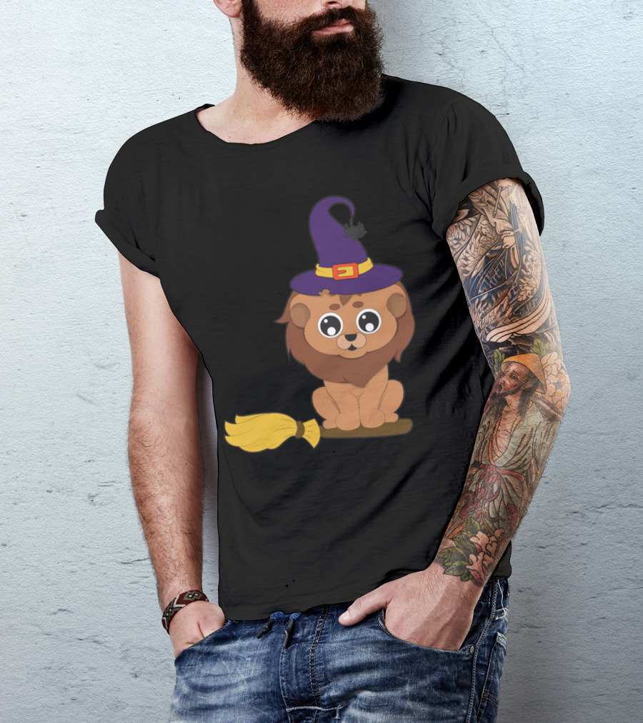 Lion Witch On Broom Halloween Animals T-Shirt