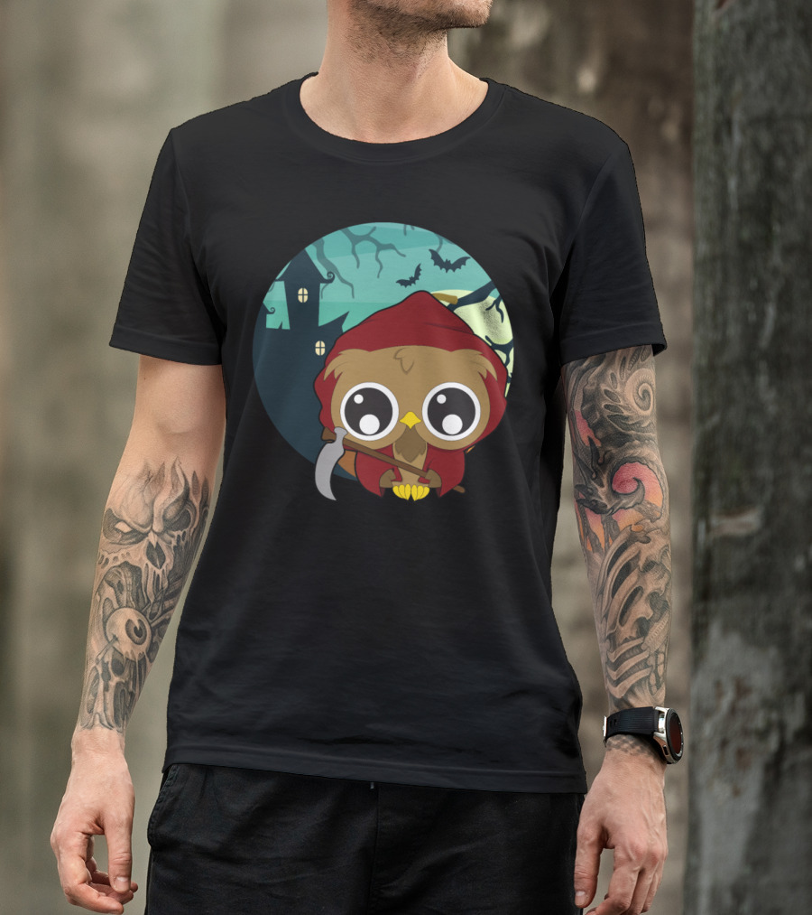 Halloween Owl With Scythe And Haunted House T-Shirt