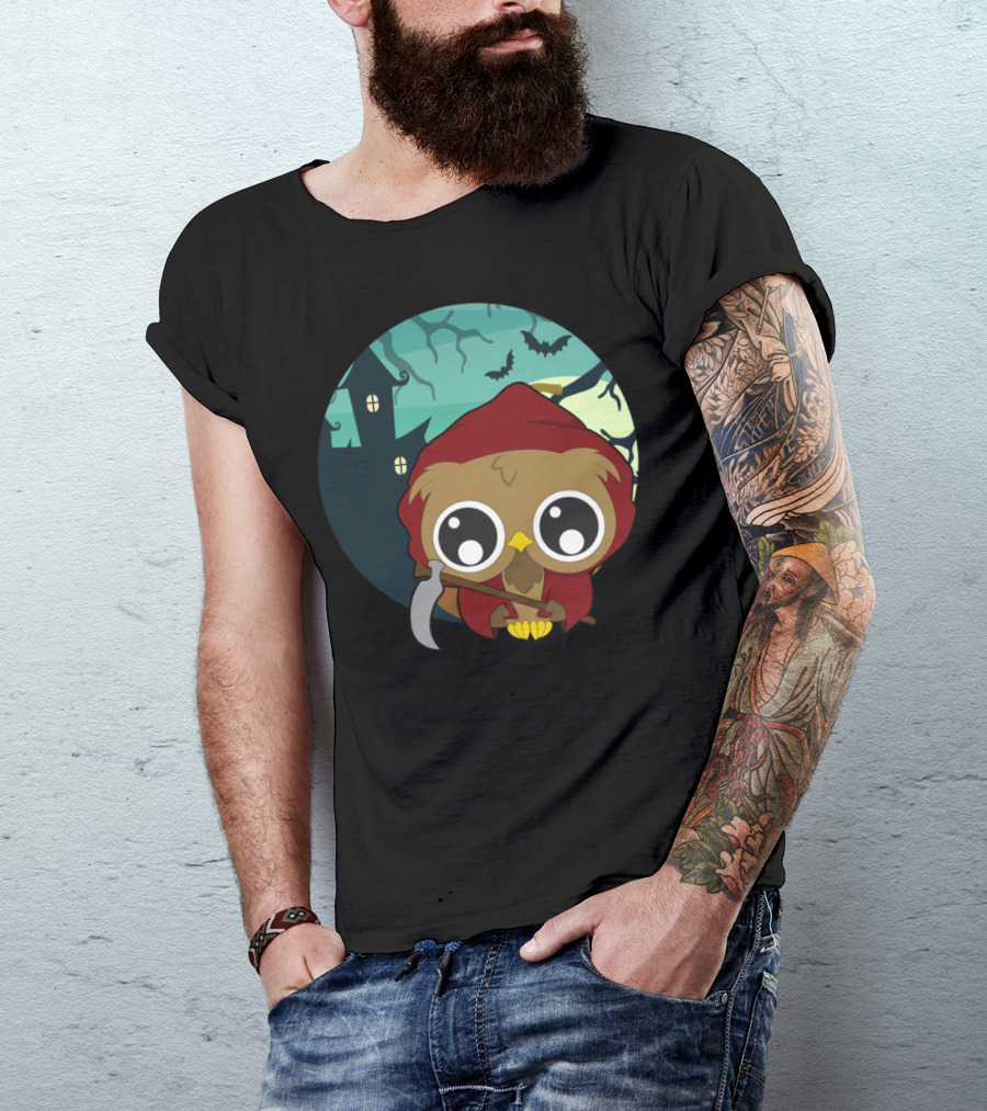 Halloween Owl With Scythe And Haunted House T-Shirt