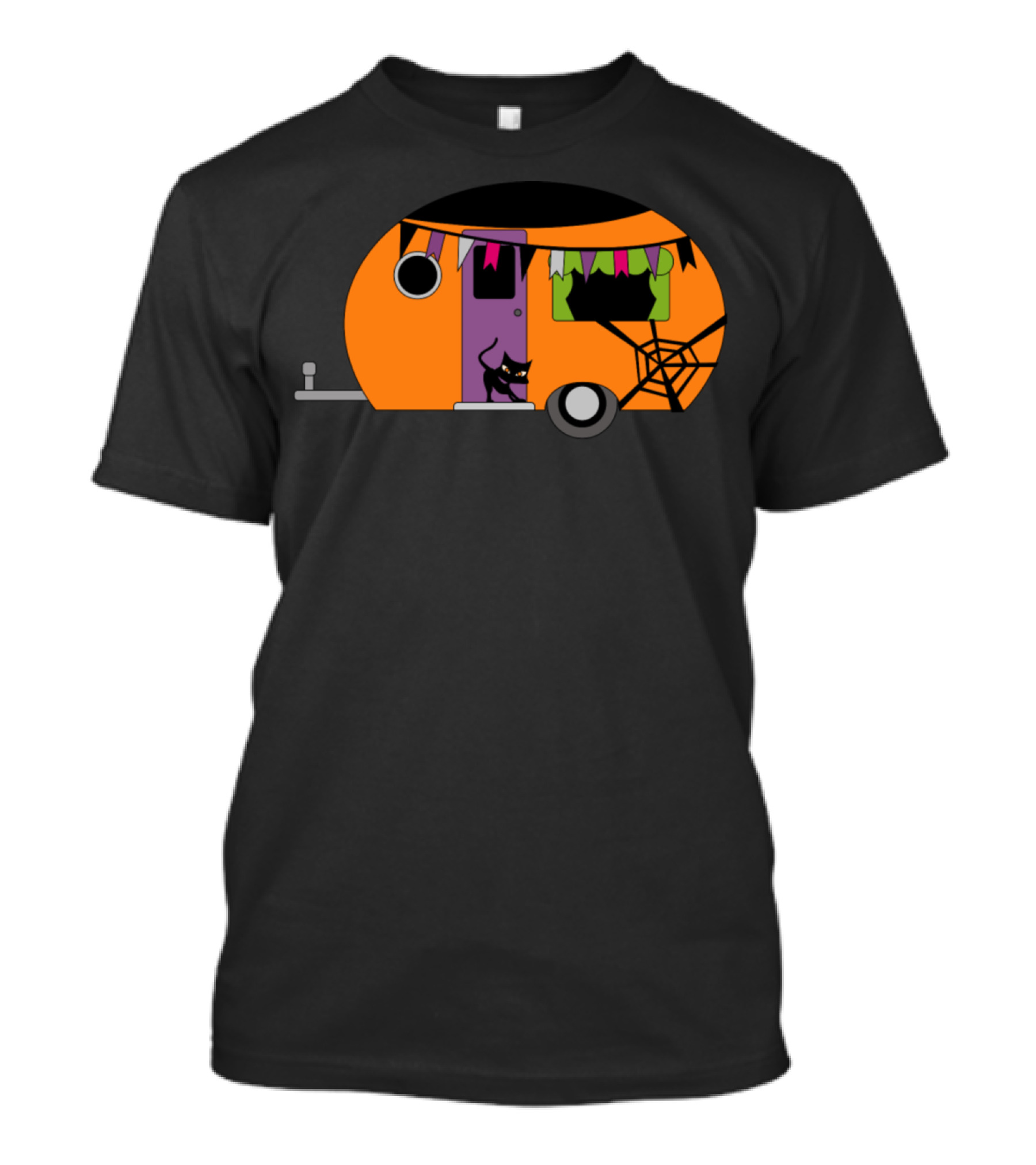 Halloween Camper With Black Cat And Spider Web T-Shirt