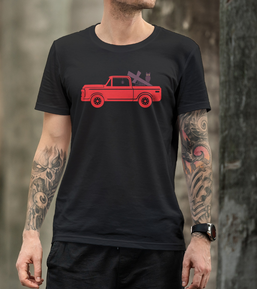 Halloween Creepy Pickup Truck With Cross And Owl T-Shirt